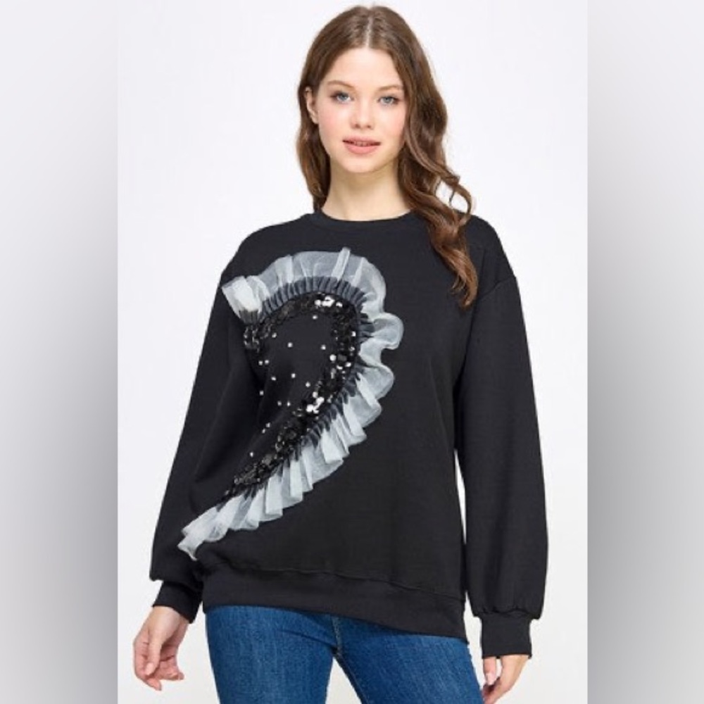 Black Women's Crewneck Sweatshirt with Ruffle & Sequin Heart